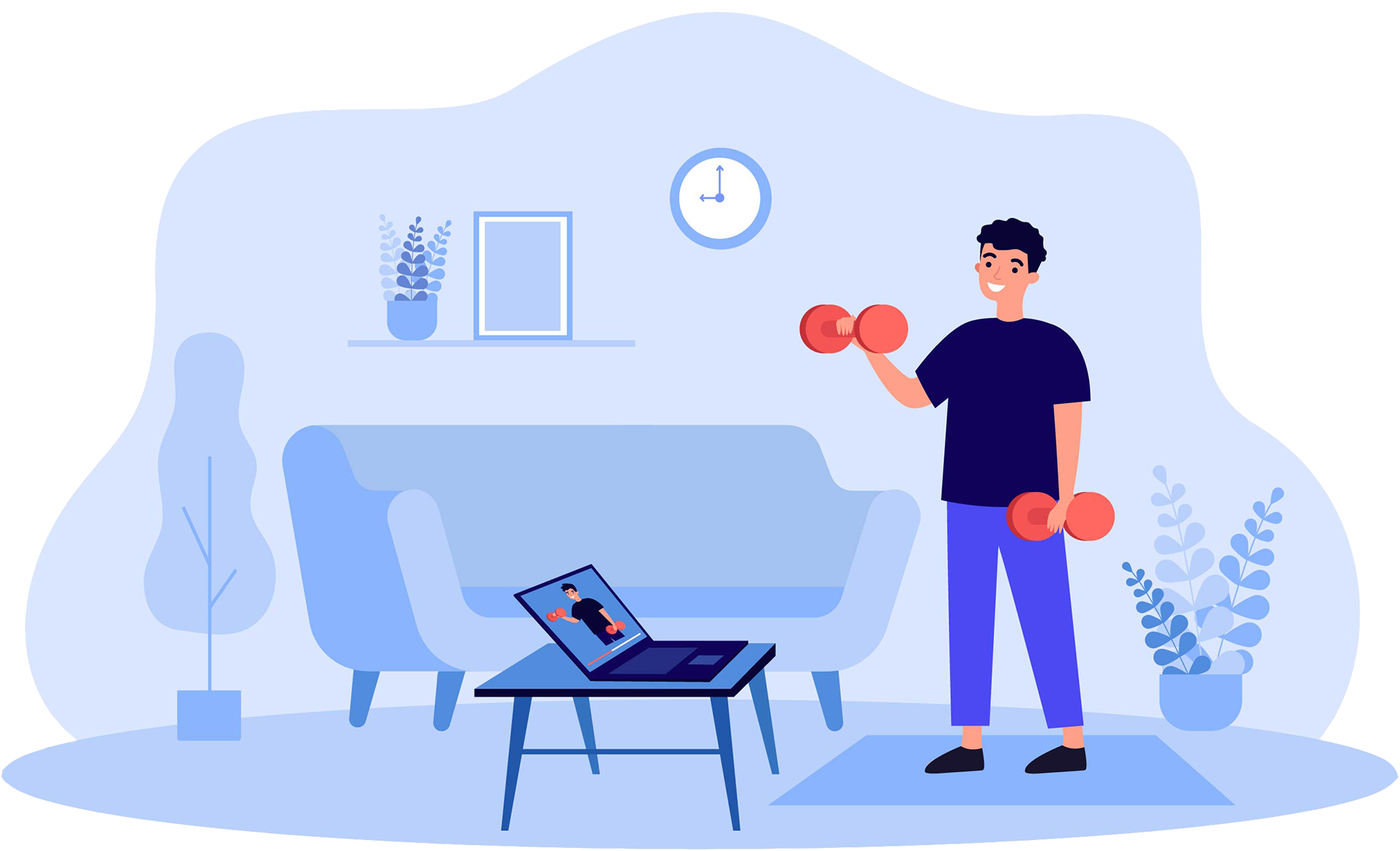 Illustration eines Mannes, der in einem Wohnzimmer mit zwei Hanteln trainiert. Vor ihm steht ein Laptop mit einem Online-Trainingsvideo. Die Szene symbolisiert ein digitales Bewegungstraining zuhause im Rahmen eines Präventionsprogramms.