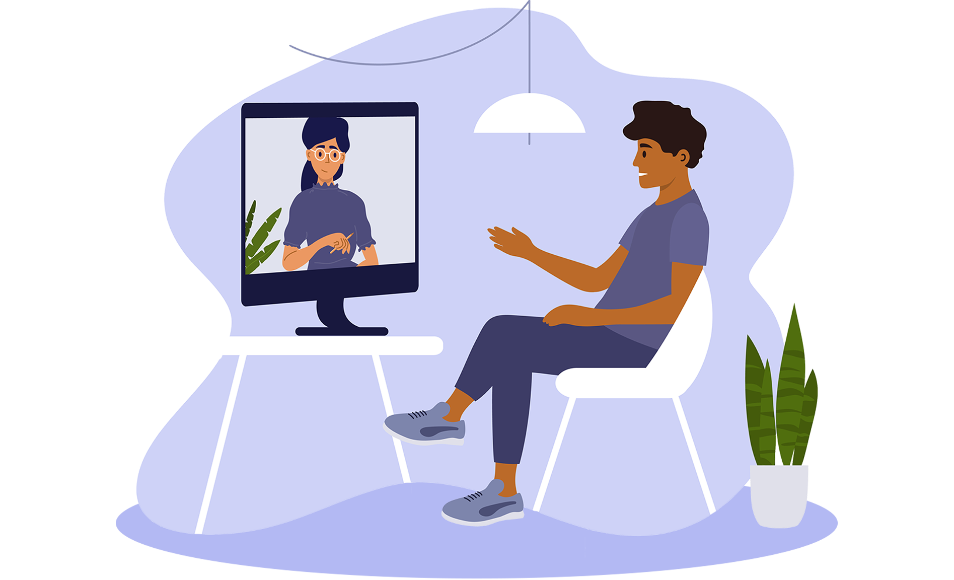 Illustration eines Mannes in einem virtuellen Beratungsgespräch: Er sitzt auf einem Stuhl vor einem Bildschirm, auf dem eine psychologische Beraterin zu sehen ist. Die Szene symbolisiert ein vertrauliches Online-Gespräch im Rahmen eines psychologischen Beratungsangebots.