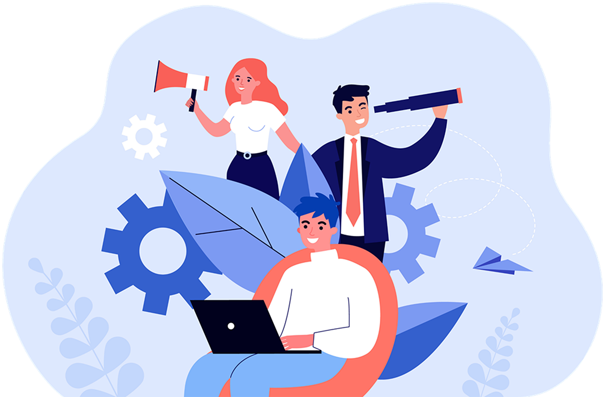 Illustration von drei Personen in einem symbolischen Arbeits- und Entwicklungskontext: Eine Person sitzt lächelnd mit einem Laptop, eine weitere hält ein Megafon und eine dritte blickt mit einem Fernrohr in die Ferne. Symbolbild für Kommunikation, Beratung und Entwicklung im Rahmen des Online-Präventionsprogramms.